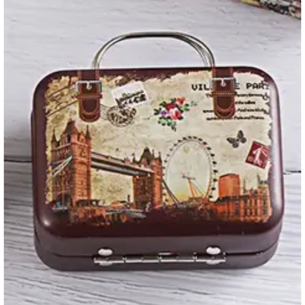 Vintage Style Luggage Tin Box London Travel Theme Hinged Handle Storage Case New